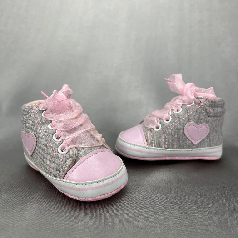 Infant Baby Girl Crib Shoes Gray Pink Polka Dot Heart Ribbon Lace High‎ Top 3-6M